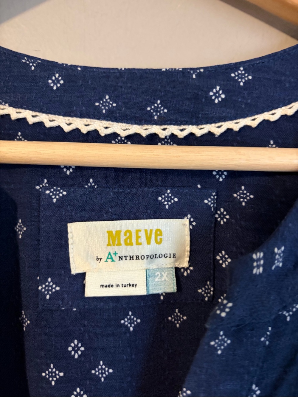Anthropologie Maeve Navy Blue Printed Short-Sleeve Midi Dress 2x - Picture 2 of 11